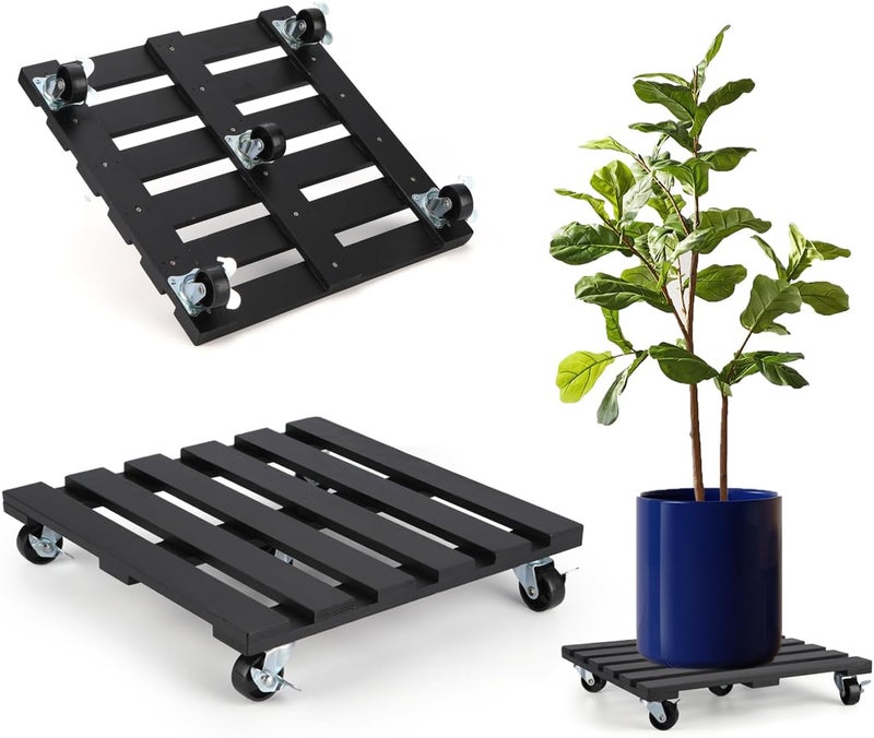 PRAQECZ 2 Pack Plant Stand with Wheels, 14" Rolling Plant Stand 264 LBS Heavy Duty Wooden Square Plant Caddy with Metal 360° Lockable Caster Wheels for Outdoor Indoor Large Plant Pots, Flower Pot, Patio-Black - Image 1